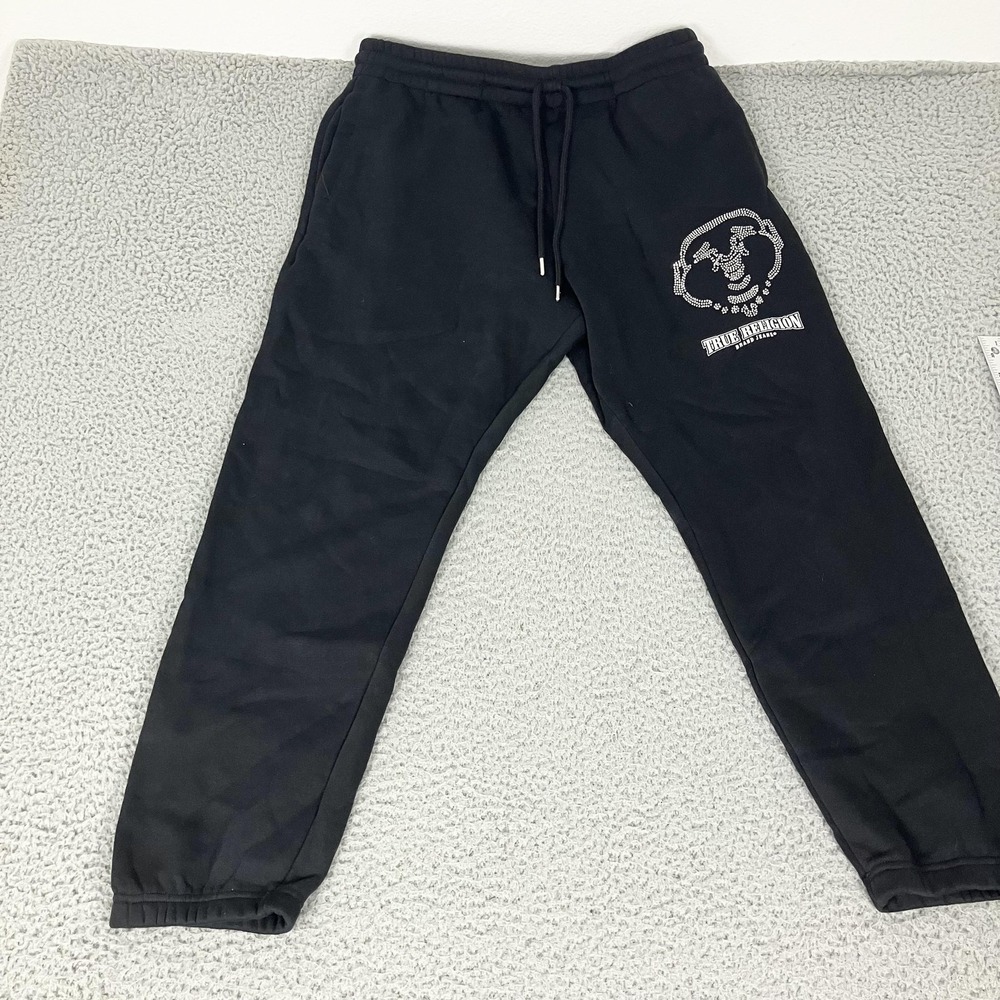 True Religion Jogger Pants Mens Medium Black Fleece‎ Rhinestone Logo Sweatpants